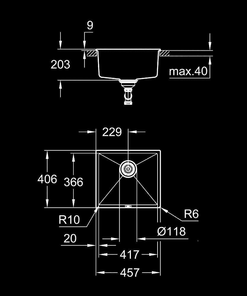 GROHE K700U Chiuvetă din compozit - desen tehnic cu cote