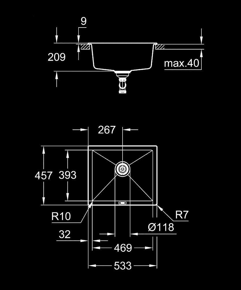 GROHE K700U Chiuvetă din compozit - desen tehnic cu cote
