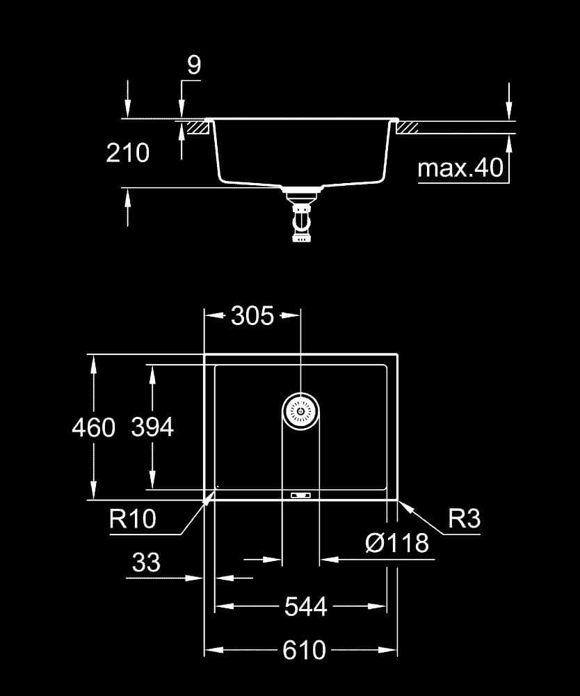 GROHE K700U Chiuvetă din compozit - desen tehnic cu cote