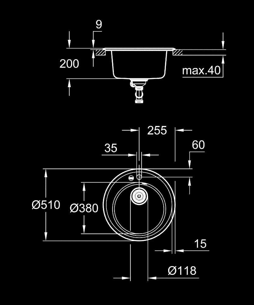 GROHE K200 Chiuvetă din compozit - desen tehnic cu cote
