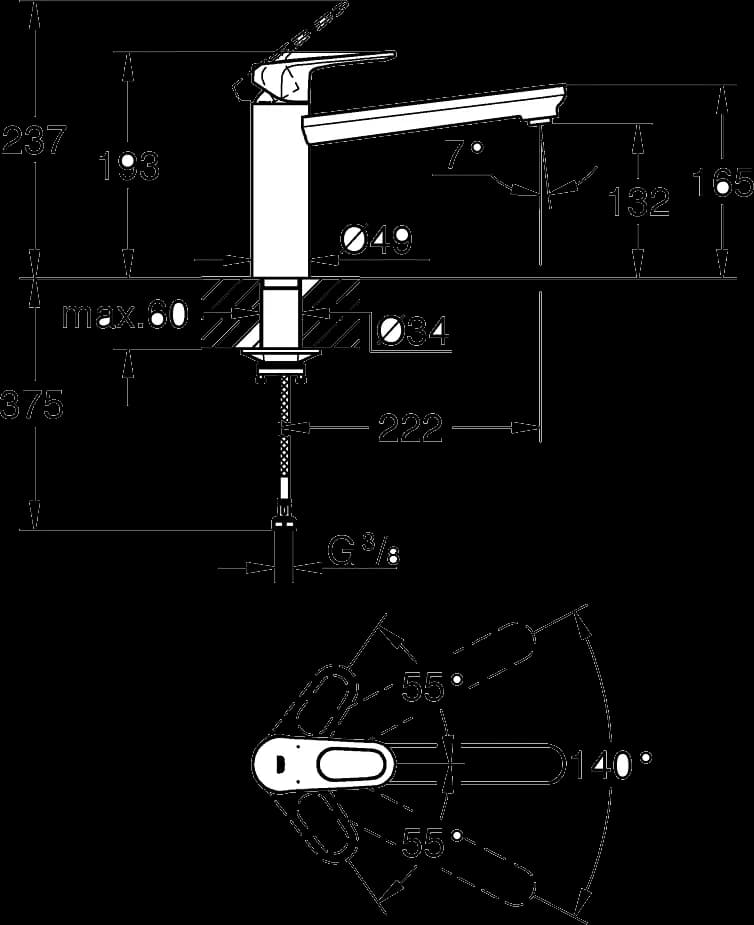 GROHE Start Flow Baterie spălător cu monocomandă 1/2" - desen tehnic cu cote