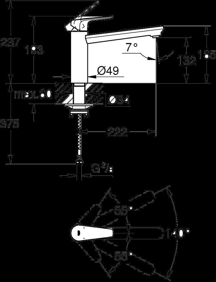 GROHE StartEdge Baterie spălător cu monocomandă 1/2" - desen tehnic cu cote