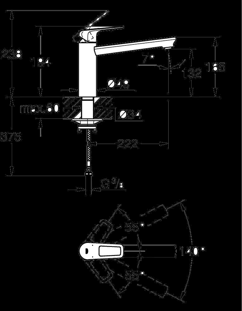 GROHE BauLoop Baterie spălător cu monocomandă 1/2" - desen tehnic cu cote