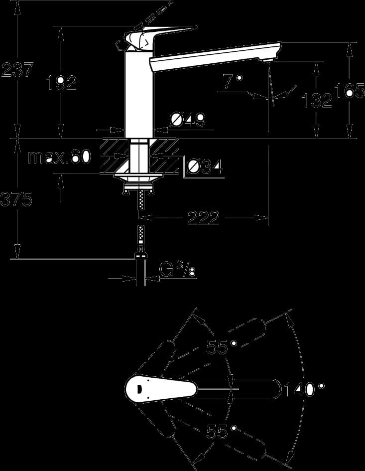 GROHE Start Curve Baterie spălător cu monocomandă 1/2" - desen tehnic cu cote