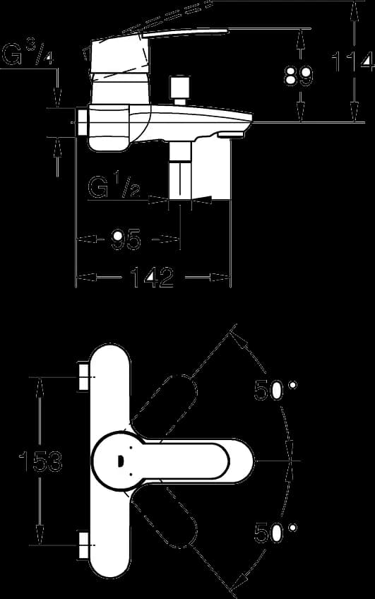 GROHE Eurostyle Cosmopolitan Baterie cadă monocomandă ¾" - desen tehnic cu cote