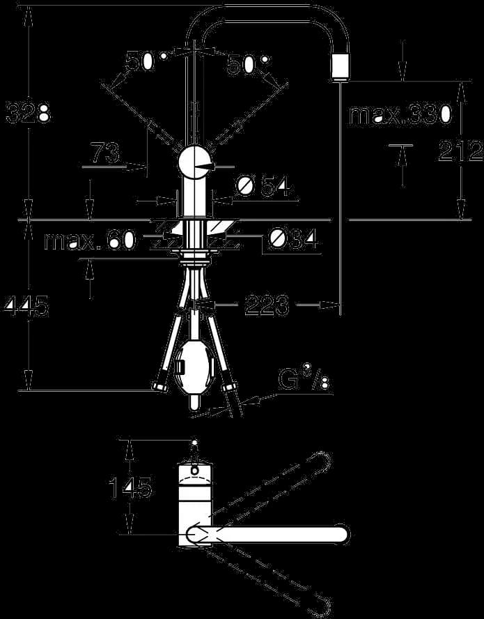 GROHE Minta Baterie spălător cu monocomandă 1/2" - desen tehnic cu cote