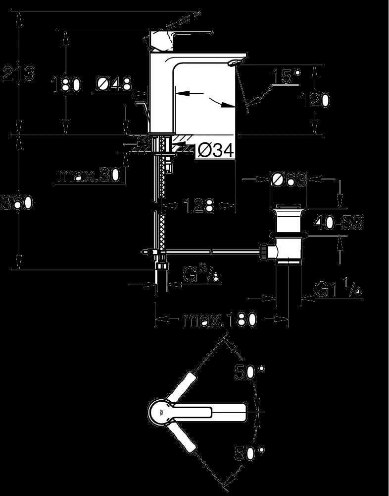 GROHE Lineare Baterie lavoar monocomandă 1/2" - desen tehnic cu cote