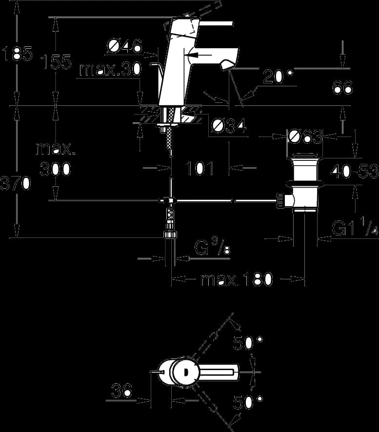 GROHE Concetto Baterie lavoar monocomandă 1/2" - desen tehnic cu cote
