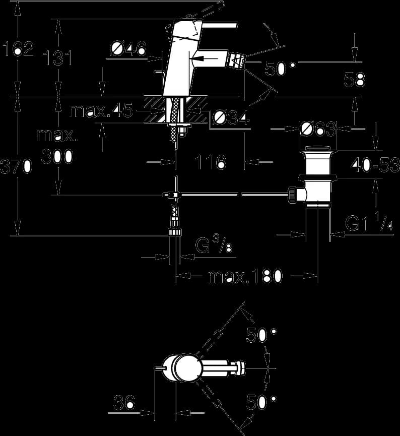 GROHE Concetto Baterie bideu monocomandă 1/2" Mărimea S - desen tehnic cu cote