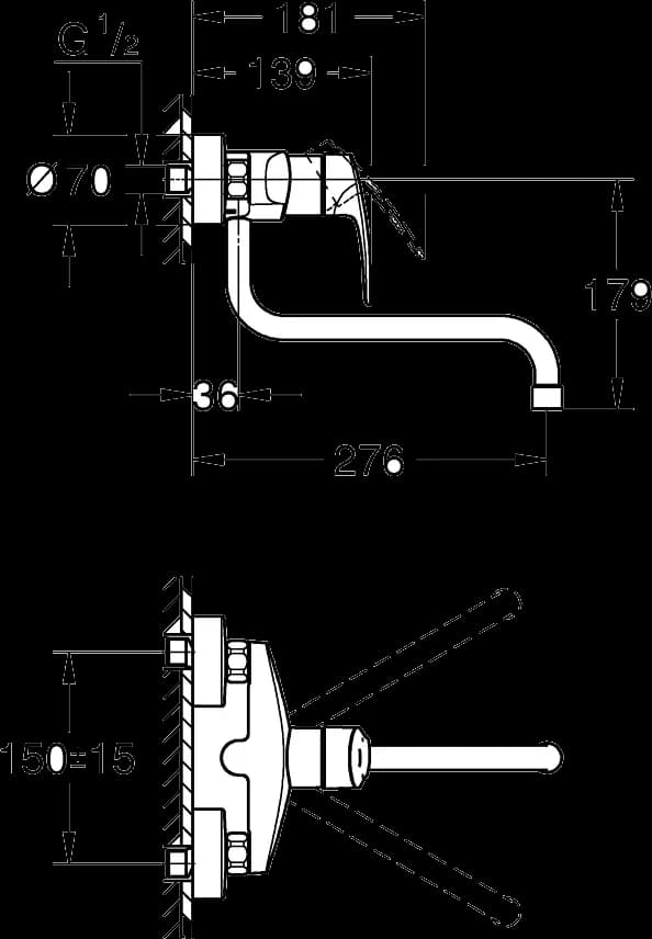 GROHE Eurosmart Baterie spălător cu monocomandă 1/2" - desen tehnic cu cote