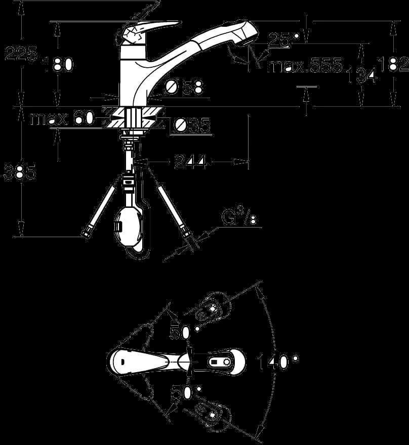 GROHE Eurodisc Baterie spălător cu monocomandă 1/2" - desen tehnic cu cote