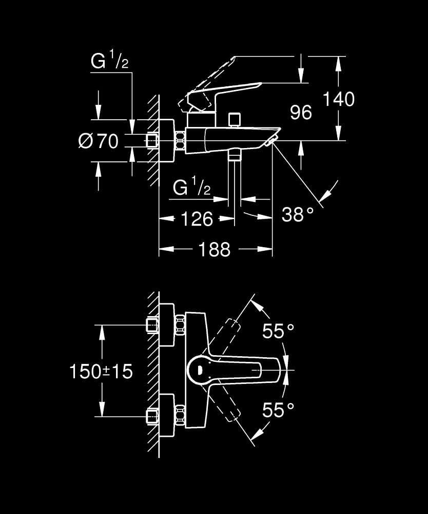 GROHE Start Baterie cadă monocomandă 1/2" - desen tehnic cu cote