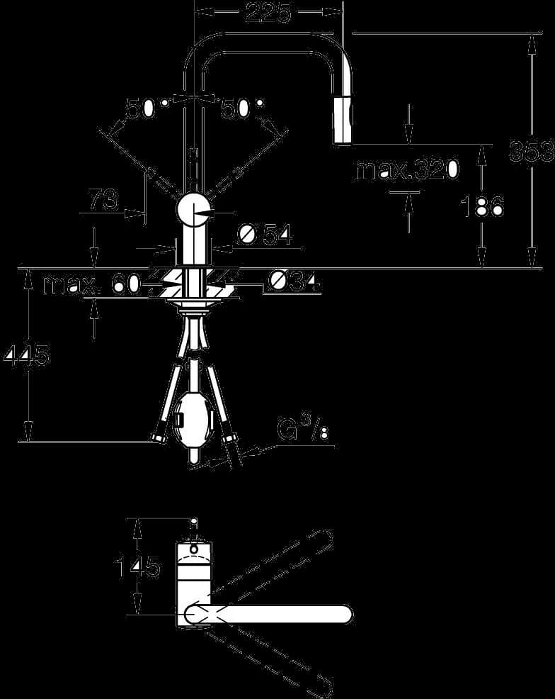 GROHE Minta Baterie spălător cu monocomandă 1/2" - desen tehnic cu cote