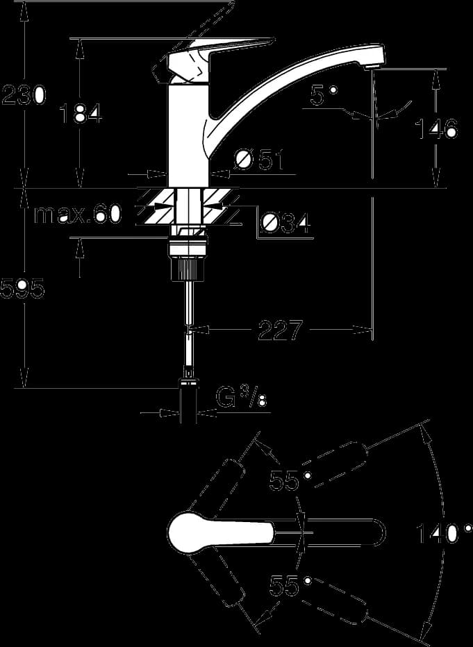 GROHE Start Baterie spălător cu monocomandă 1/2" - desen tehnic cu cote