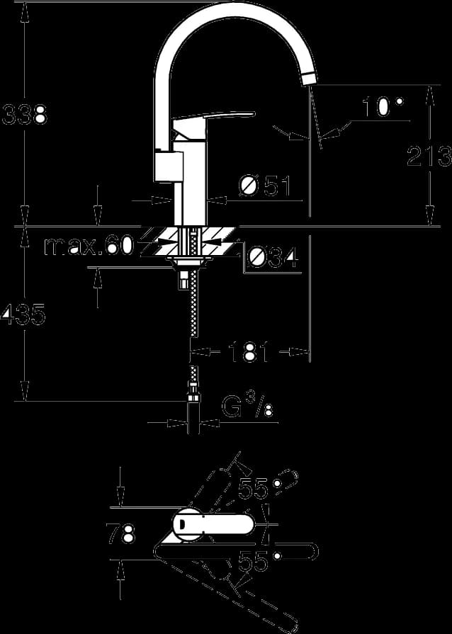 GROHE Wave Cosmopolitan Baterie spălător cu monocomandă 1/2" - desen tehnic cu cote