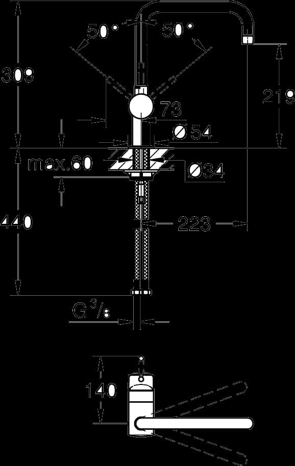 GROHE Minta Baterie spălător cu monocomandă 1/2" - desen tehnic cu cote