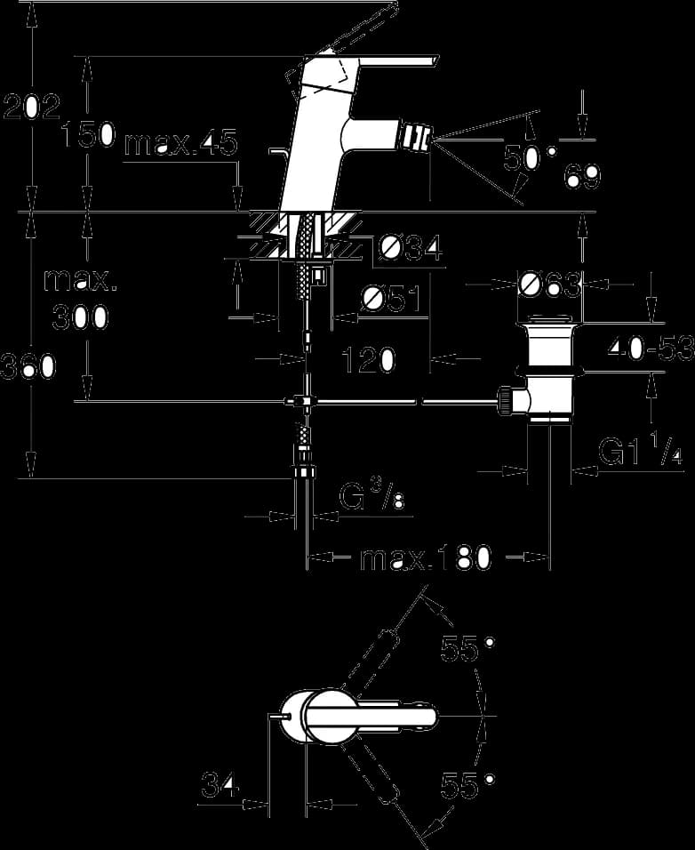 GROHE Feel Baterie bideu monocomandă 1/2" Mărimea S - desen tehnic cu cote