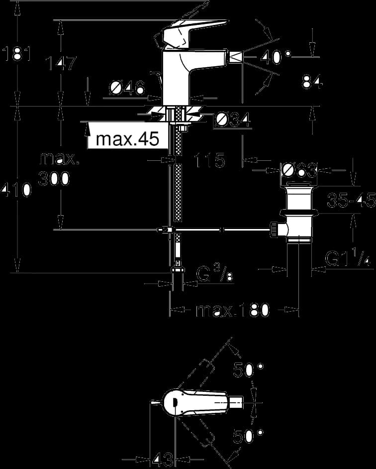 GROHE Start Baterie bideu monocomandă 1/2" Mărimea S - desen tehnic cu cote
