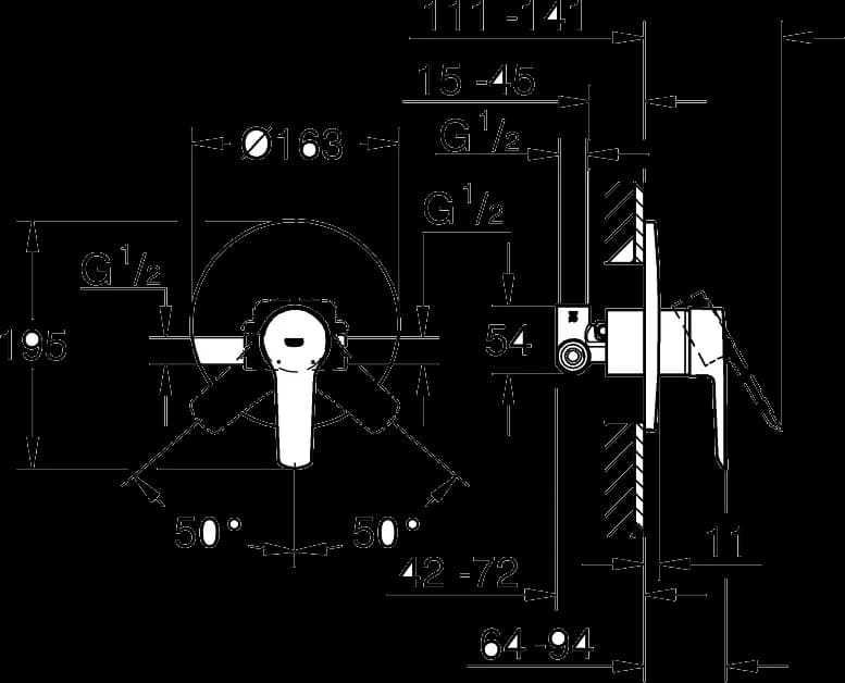 GROHE Start Baterie duş monocomandă 1/2" - desen tehnic cu cote