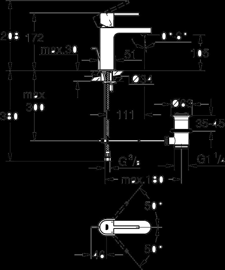 GROHE Plus Baterie lavoar monocomandă 1/2" - desen tehnic cu cote