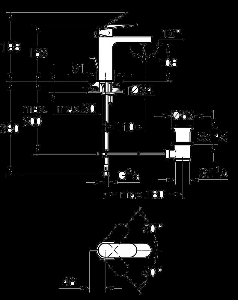GROHE Plus Baterie lavoar monocomandă 1/2" - desen tehnic cu cote
