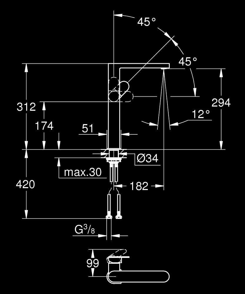 GROHE Plus Baterie lavoar monocomandă 1/2" Mărimea XL - desen tehnic cu cote