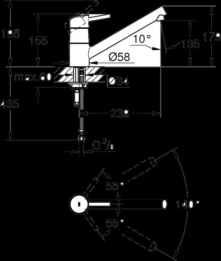 GROHE Concetto Baterie spălător cu monocomandă 1/2" - desen tehnic cu cote