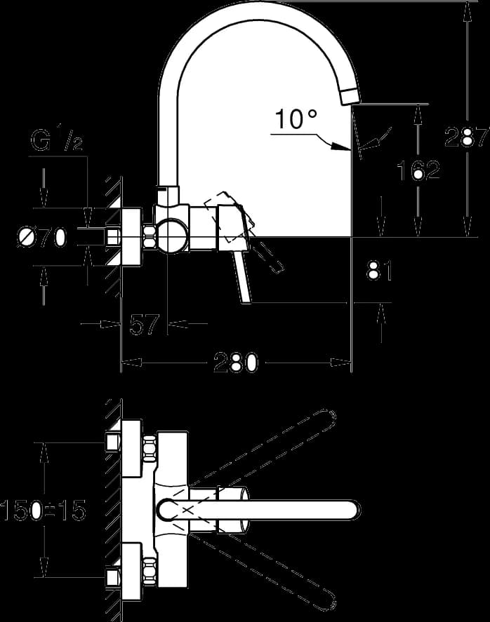 GROHE Concetto Baterie spălător cu monocomandă 1/2" - desen tehnic cu cote