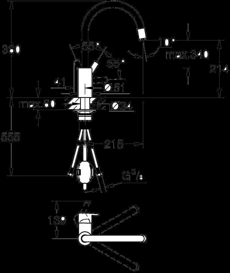GROHE Feel Baterie spălător cu monocomandă 1/2" - desen tehnic cu cote