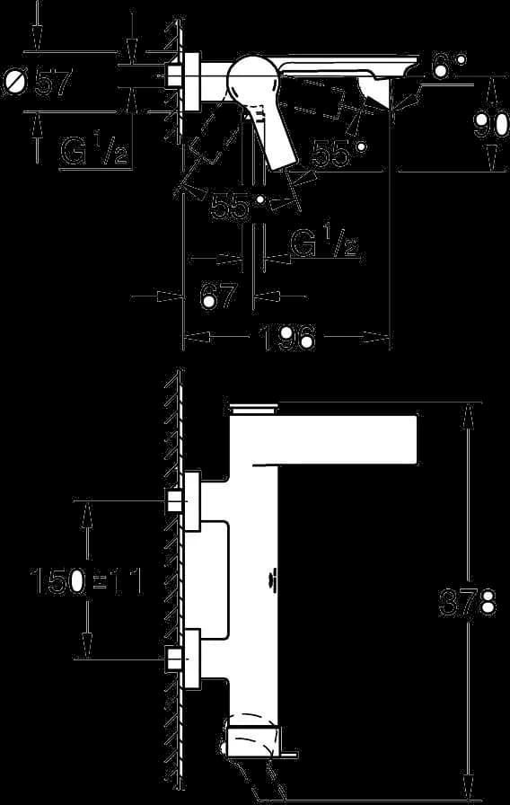 GROHE Allure Baterie cadă monocomandă 1/2", aparentă - desen tehnic cu cote