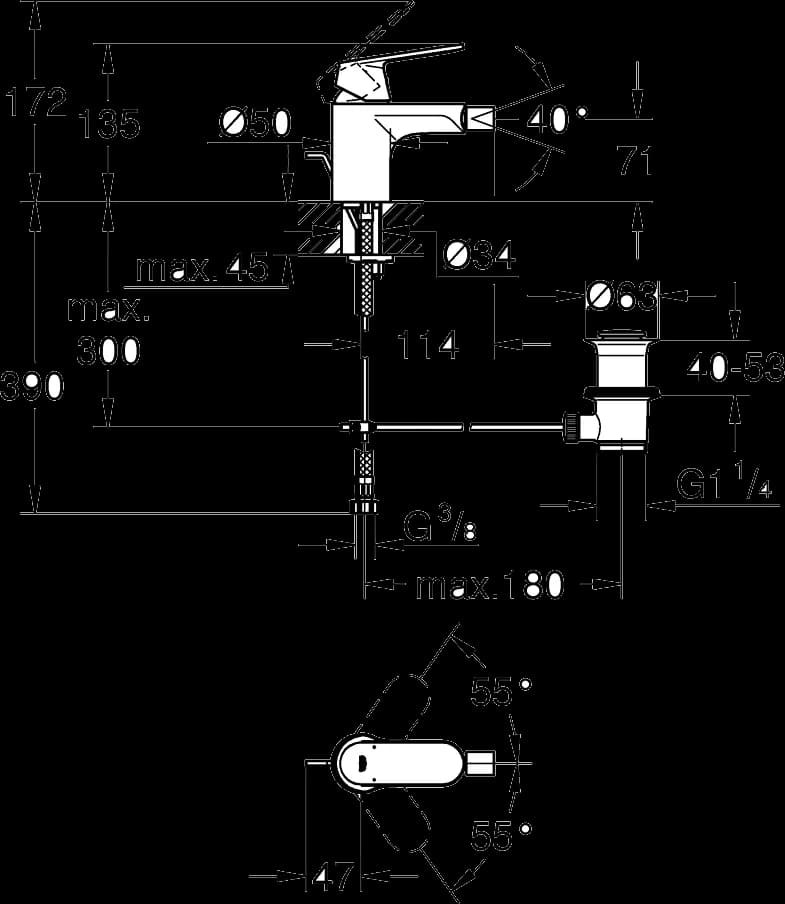 GROHE Eurosmart Cosmopolitan Baterie bideu monocomandă 1/2" Mărimea S - desen tehnic cu cote