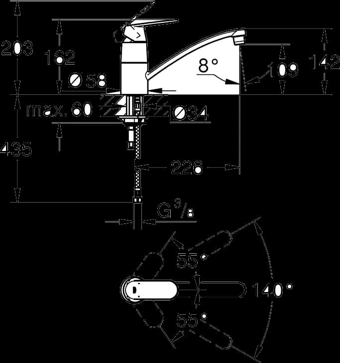 GROHE Eurosmart Cosmopolitan Baterie spălător cu monocomandă 1/2" - desen tehnic cu cote