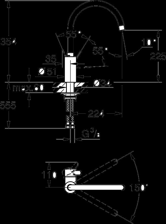 GROHE Eurosmart Cosmopolitan Baterie spălător cu monocomandă 1/2" - desen tehnic cu cote