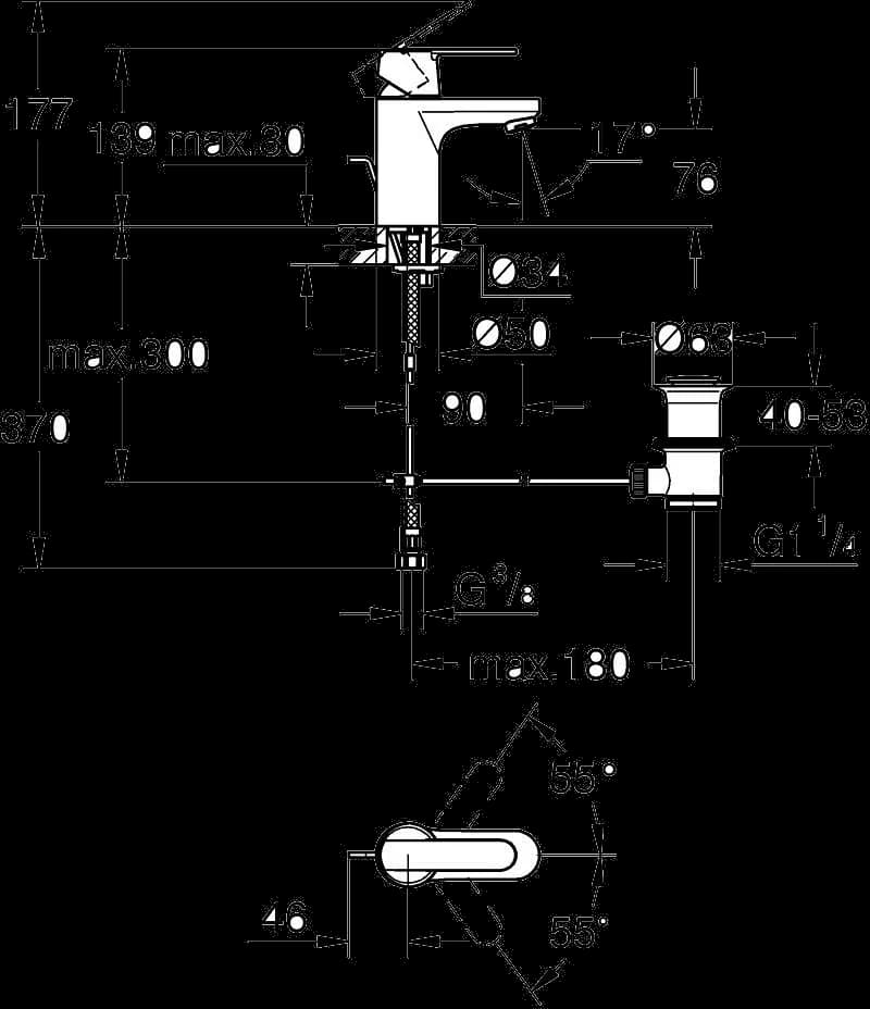 GROHE Get Baterie lavoar monocomandă 1/2" - desen tehnic cu cote