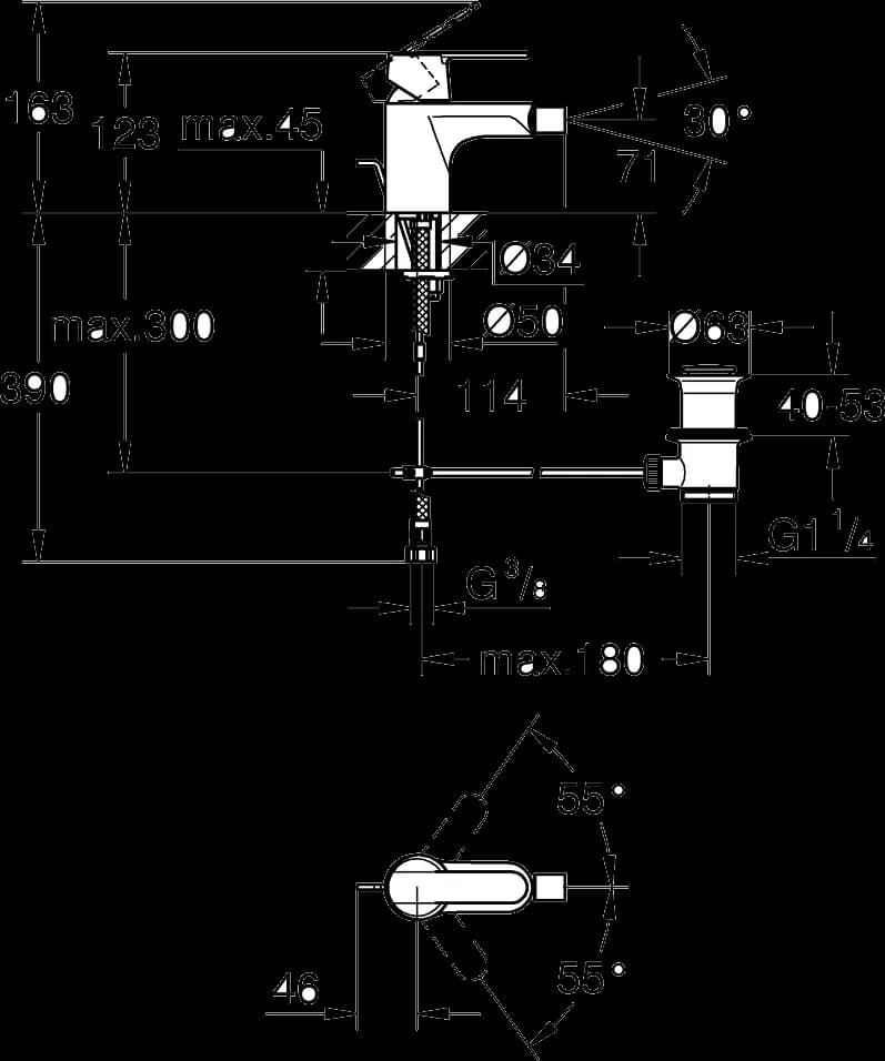 GROHE Get Baterie bideu monocomandă 1/2" Mărimea S - desen tehnic cu cote