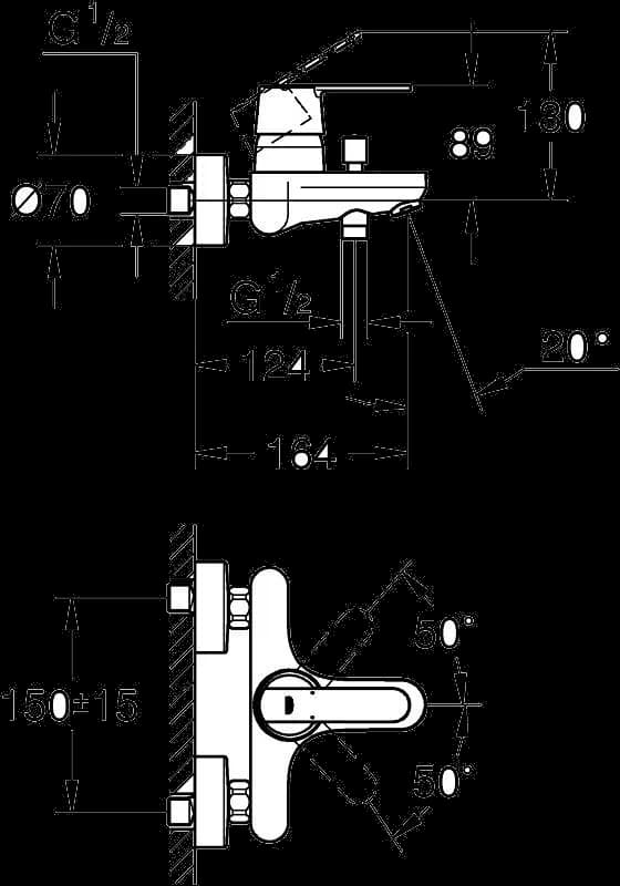 GROHE Get Baterie cadă monocomandă 1/2" - desen tehnic cu cote