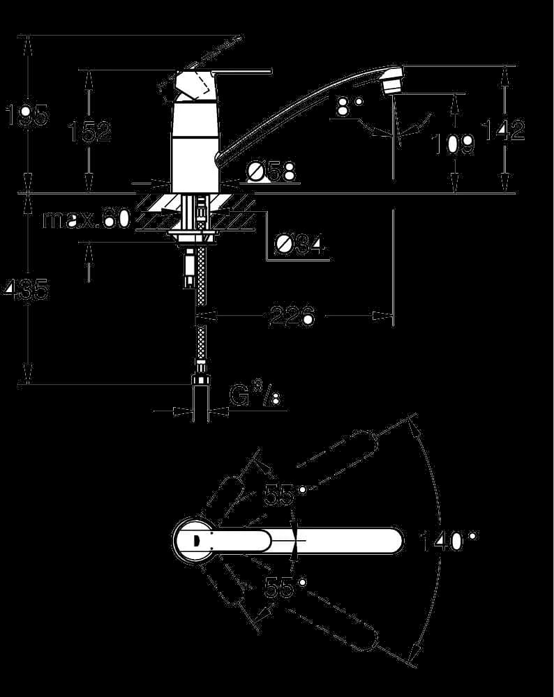 GROHE Get Baterie spălător cu monocomandă 1/2" - desen tehnic cu cote