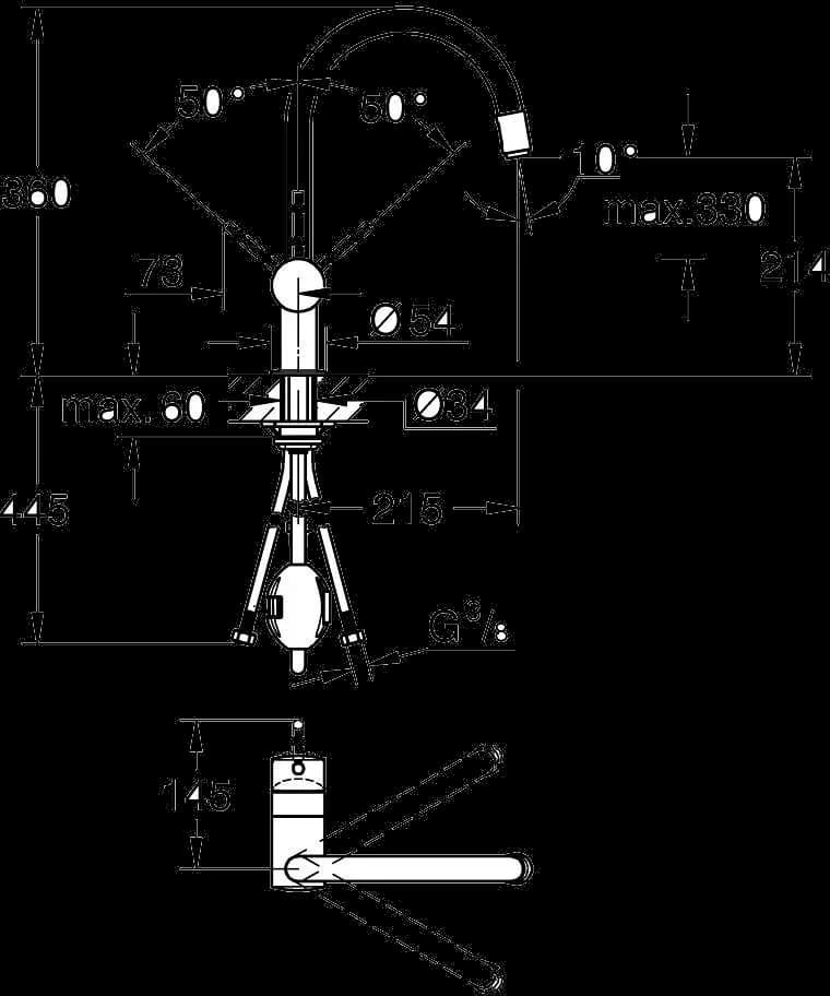 GROHE Minta Baterie spălător cu monocomandă 1/2" - desen tehnic cu cote