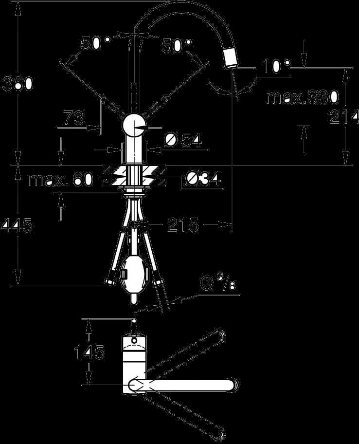 GROHE Minta Baterie spălător cu monocomandă 1/2" - desen tehnic cu cote