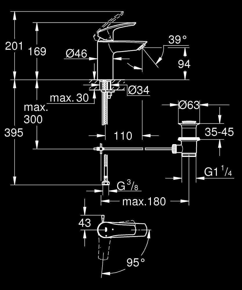 GROHE Eurosmart Baterie lavoar monocomandă 1/2" - desen tehnic cu cote