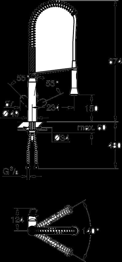 GROHE K7 Baterie spălător cu monocomandă 1/2" - desen tehnic cu cote