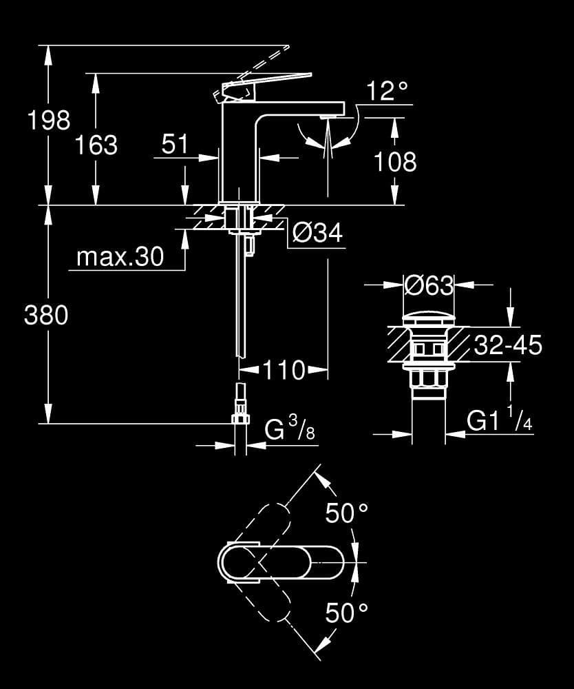 GROHE Plus Baterie lavoar monocomandă 1/2" - desen tehnic cu cote