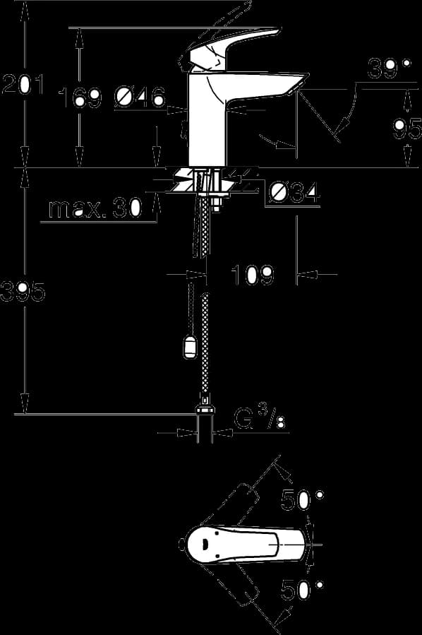 GROHE Eurosmart Baterie lavoar monocomandă 1/2" - desen tehnic cu cote