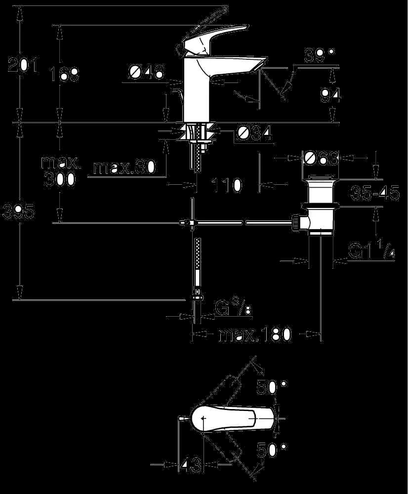 GROHE Eurosmart Baterie lavoar monocomandă 1/2" - desen tehnic cu cote