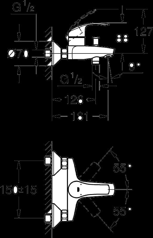 GROHE Eurosmart Baterie cadă monocomandă 1/2" - desen tehnic cu cote