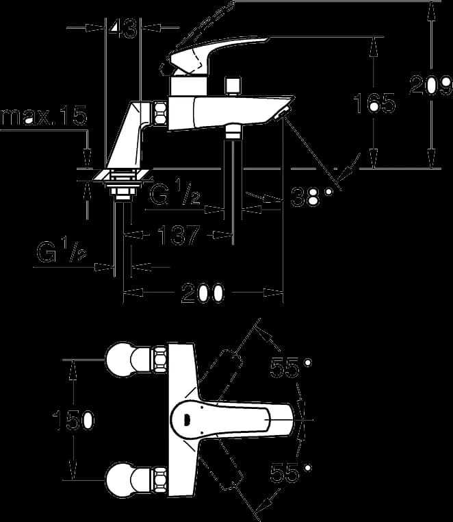 GROHE Eurosmart Baterie cadă monocomandă 1/2" - desen tehnic cu cote