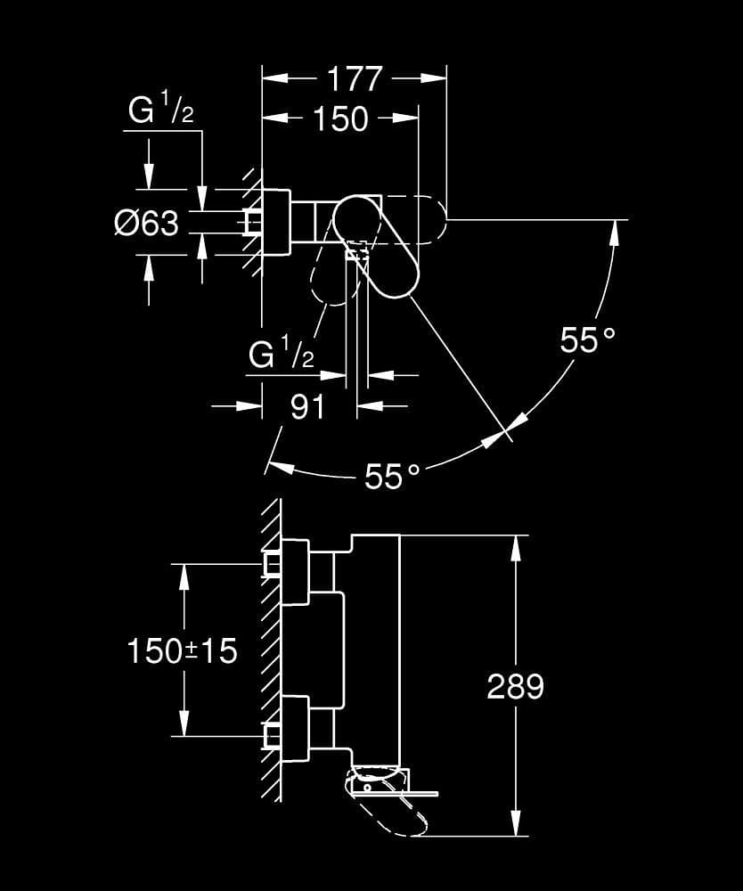 GROHE Plus Baterie cadă monocomandă 1/2" - desen tehnic cu cote