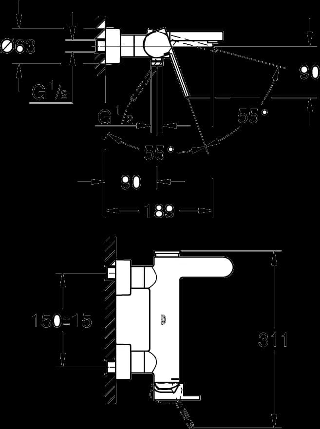 GROHE Plus Baterie cadă monocomandă 1/2" - desen tehnic cu cote