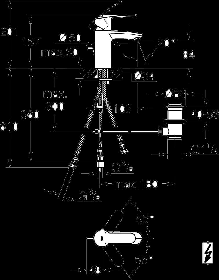 GROHE Eurostyle Cosmopolitan Baterie lavoar monocomandă 1/2" - desen tehnic cu cote