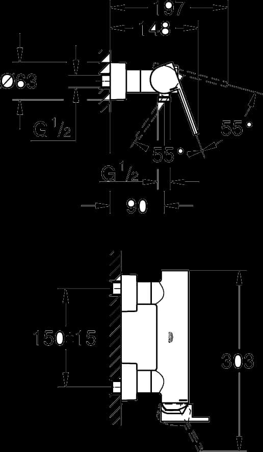 GROHE Plus Baterie duş monocomandă 1/2" - desen tehnic cu cote
